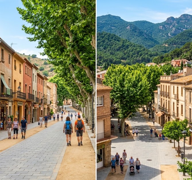 Vistas de las zonas peatonales, la histórica Riera y el entorno montañoso del Montnegre en Arenys de Munt